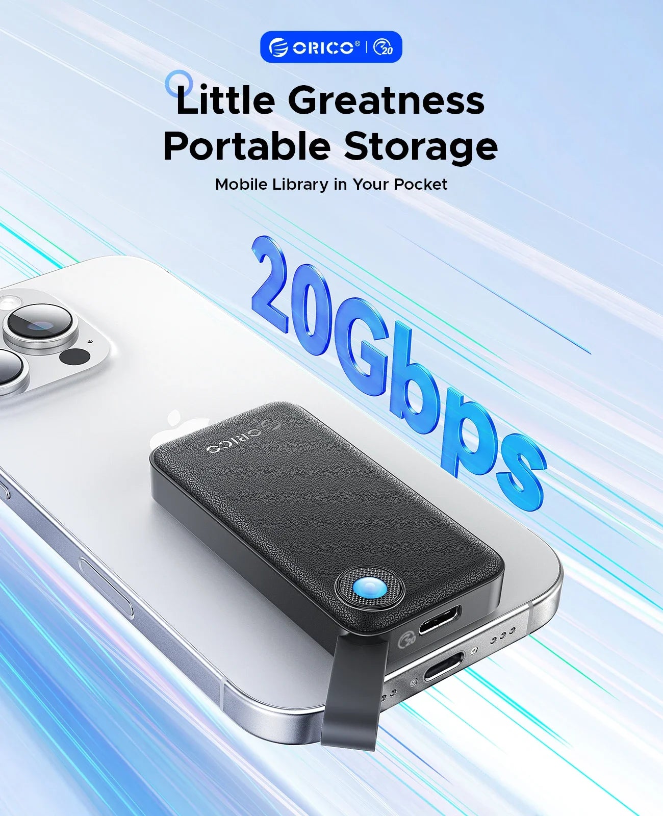ORICO 512GB Portable SSD, Up to 2000MB/s, USB 3.2 Gen 2x2, Ultra-Mini, Compact with 2 in 1 USB C Cable, External Solid State
