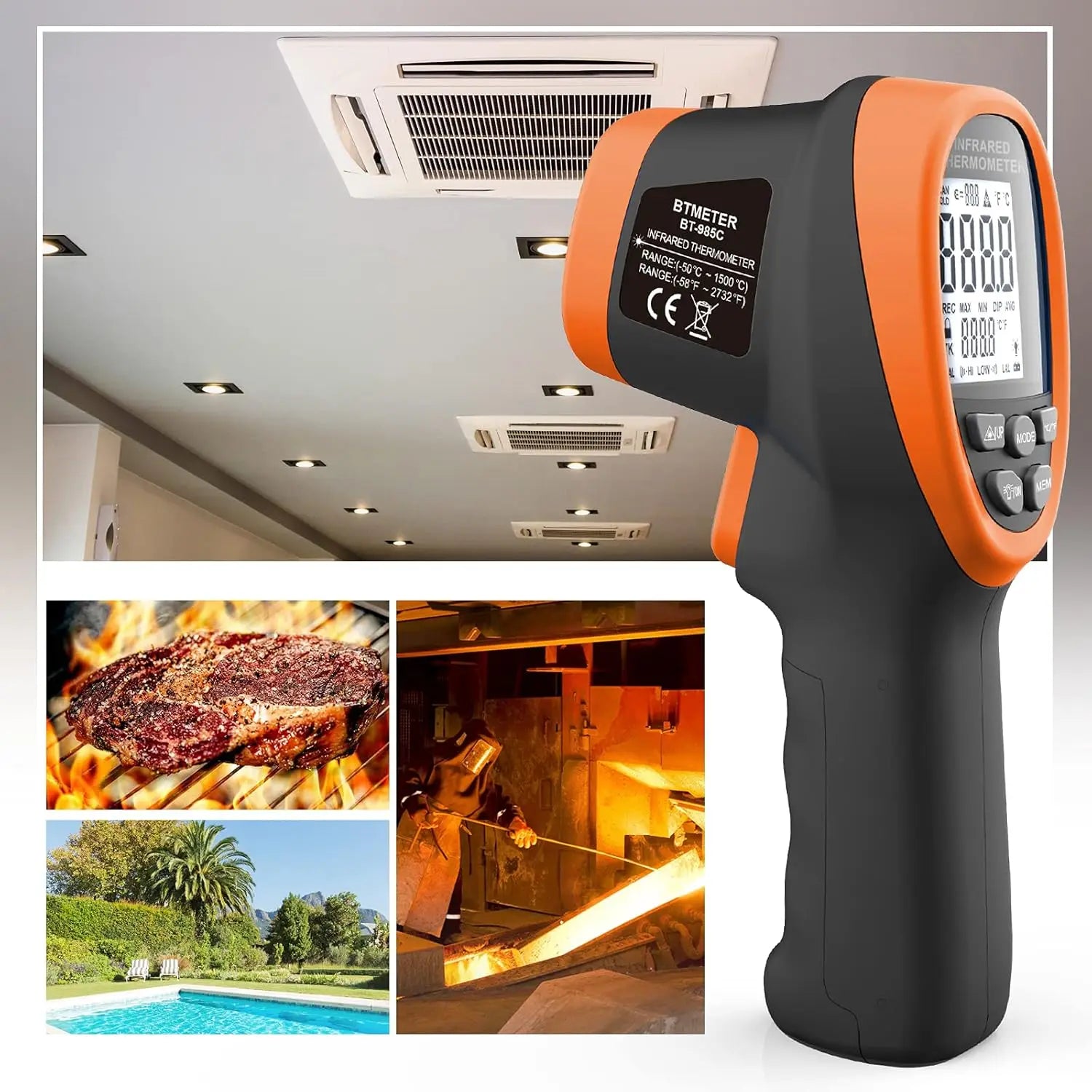 BT-985C Infrared Thermometer Gun -  Non Contact 16:1 IR Laser Temperature Gun Digital Instant Read -50℃~800℃(-58℉~1472℉)