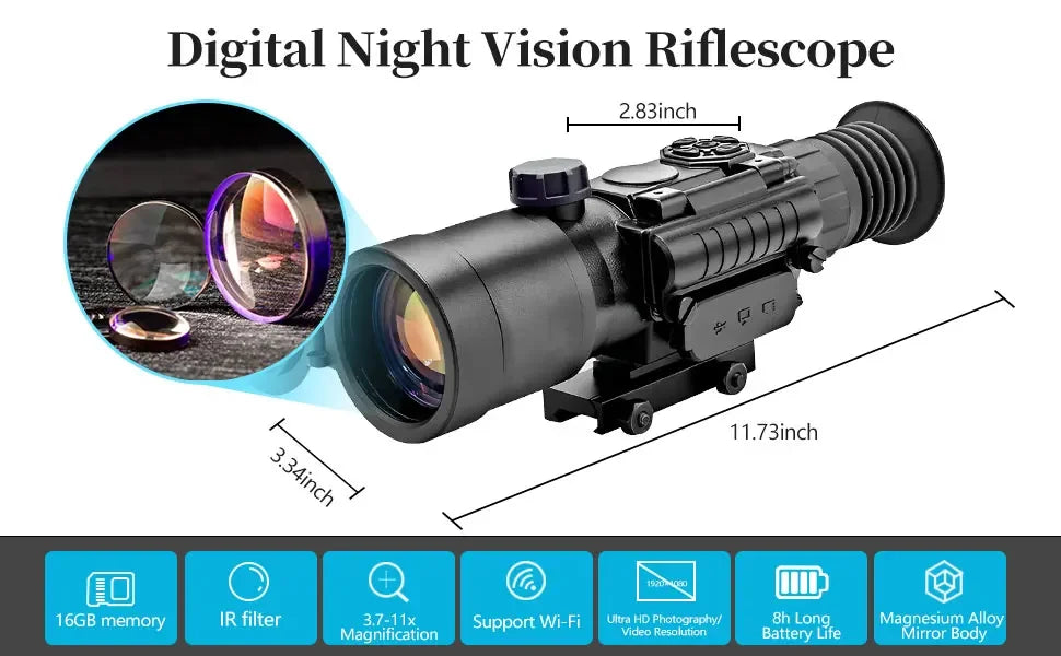 Night Vision Digital Rifle Scope with WiFi and E-Compass, 3.7～11X HD Hunting Riflescope Monocular, Ip65 with Rail Mount