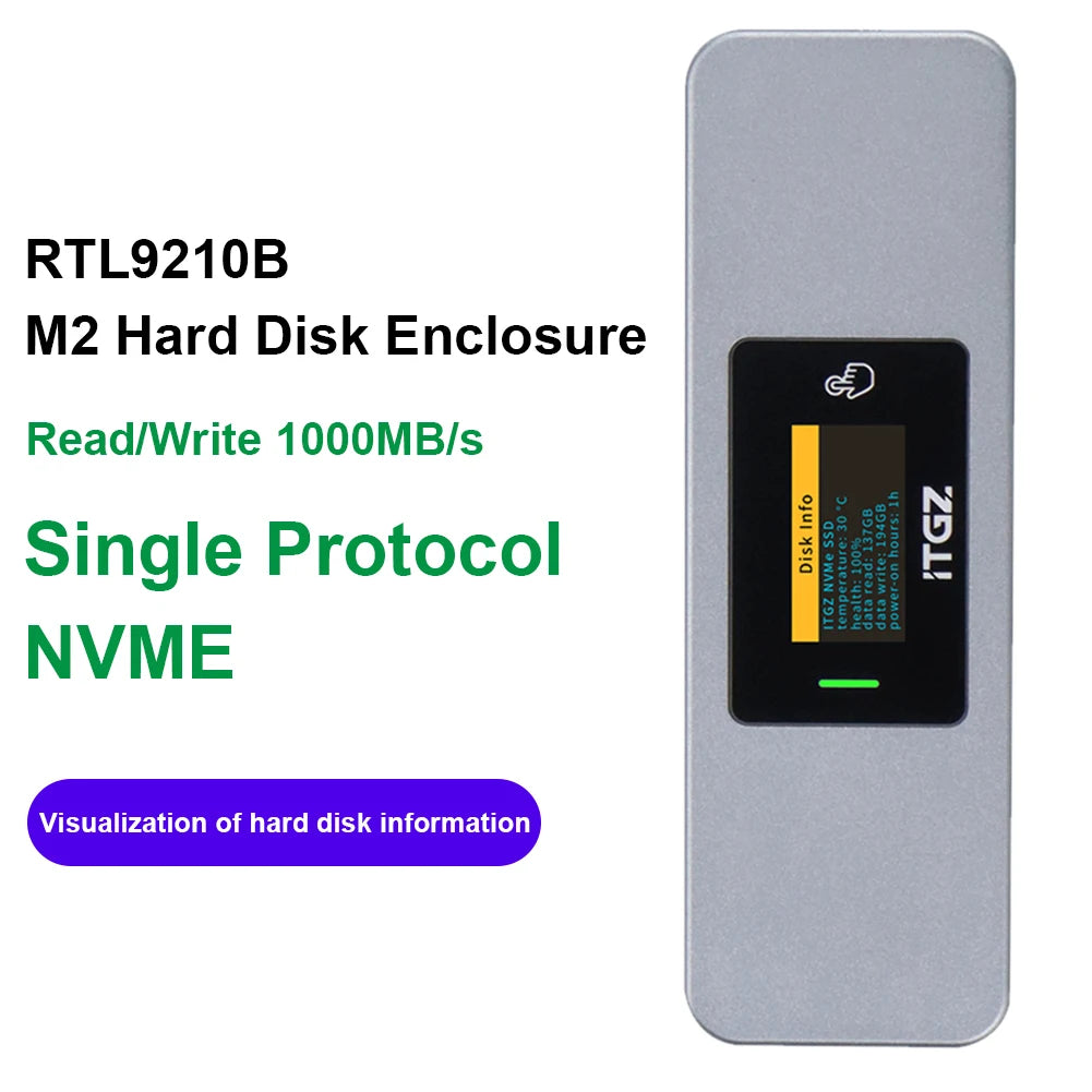 RTL9210B M.2 NVMe/NGFF SSD Enclosure Adapter with Screen Display,USB 3.2 Gen2, M-Key M2 Case 2280, Aluminum External NVMe Reader