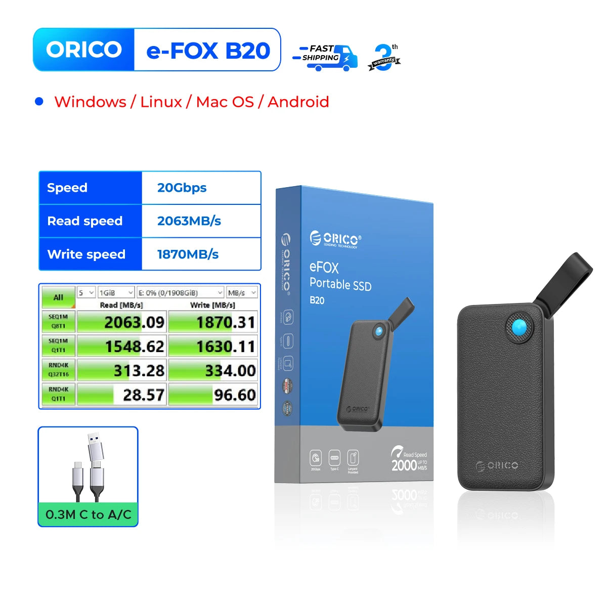 ORICO 512GB Portable SSD, Up to 2000MB/s, USB 3.2 Gen 2x2, Ultra-Mini, Compact with 2 in 1 USB C Cable, External Solid State