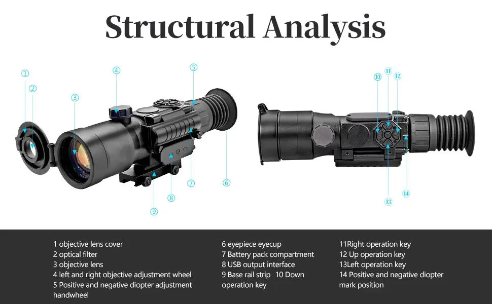Night Vision Digital Rifle Scope with WiFi and E-Compass, 3.7～11X HD Hunting Riflescope Monocular, Ip65 with Rail Mount