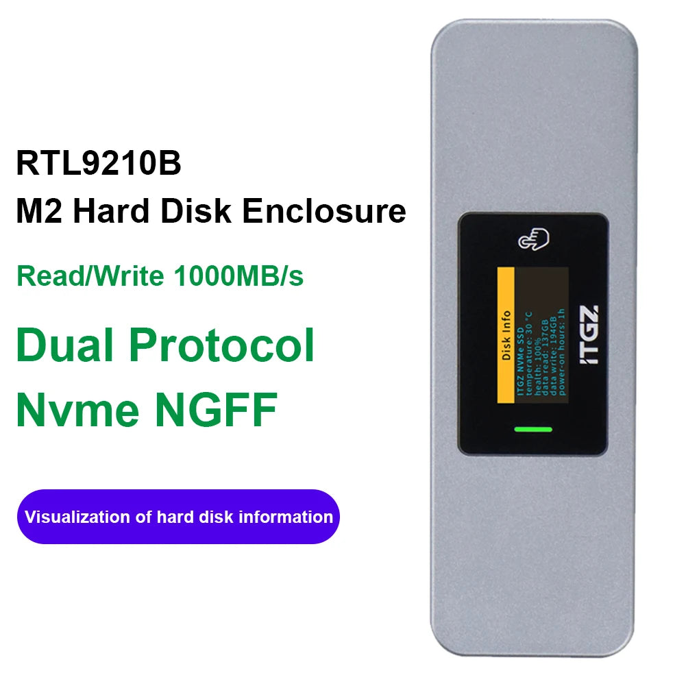 RTL9210B M.2 NVMe/NGFF SSD Enclosure Adapter with Screen Display,USB 3.2 Gen2, M-Key M2 Case 2280, Aluminum External NVMe Reader
