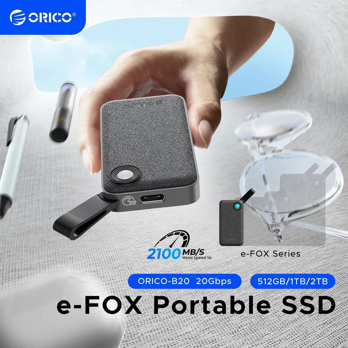 ORICO 512GB Portable SSD, Up to 2000MB/s, USB 3.2 Gen 2x2, Ultra-Mini, Compact with 2 in 1 USB C Cable, External Solid State