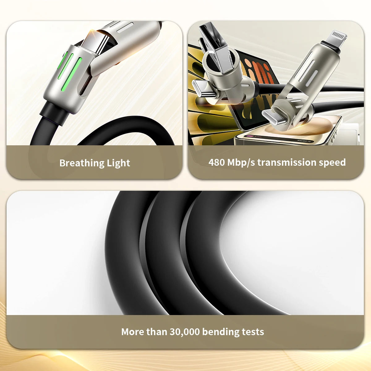 USB C to USB C Cable Professional USB AM Type C to Type C Cable Round Shell Liquid Silicone Cable with Colorful Breathing Lights